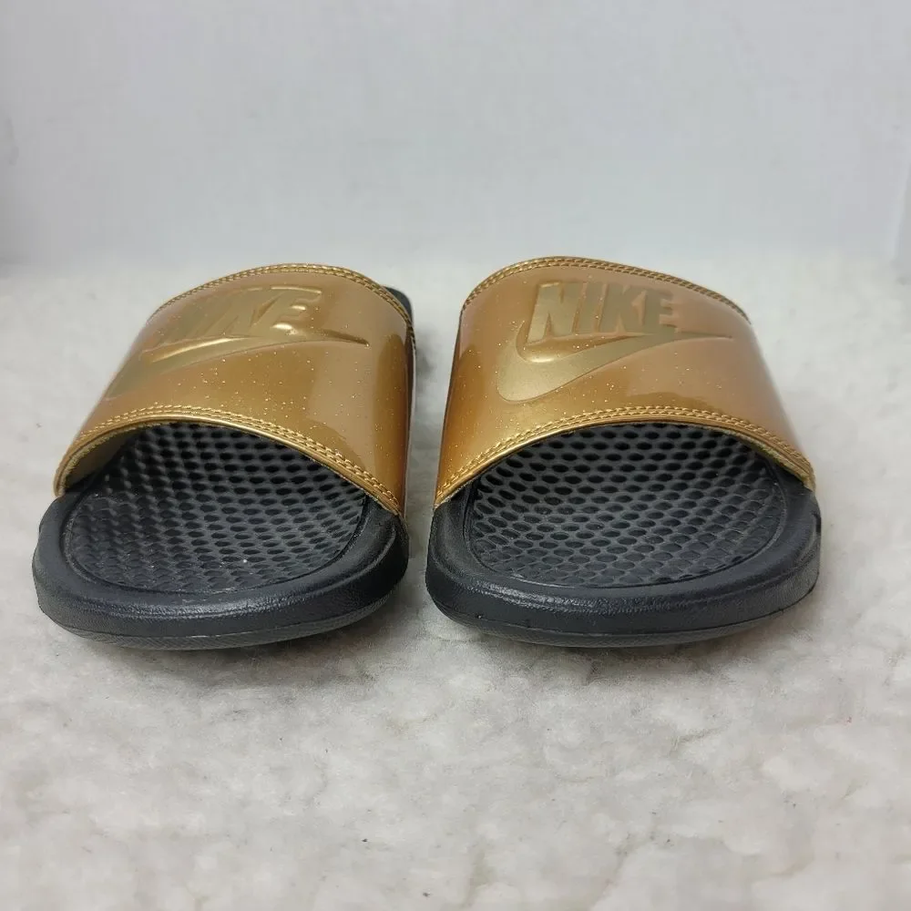 Nike Benassi Women's Slide Size 6 Sandals Black Gold Print Casual Shoes